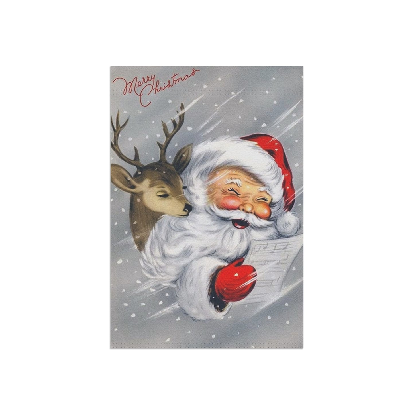 Snowy Retro Santa with Reindeer Christmas Garden Flag or House Banner