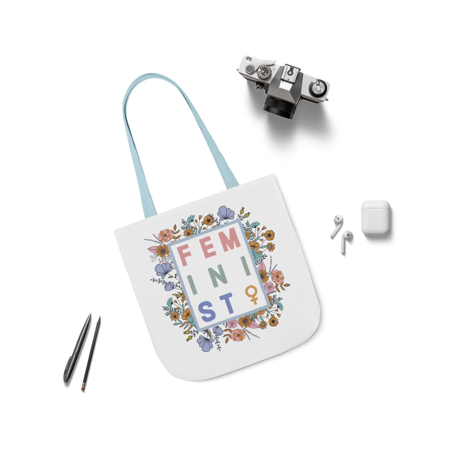 Canvas Tote, Colored Handles - Feminist Floral