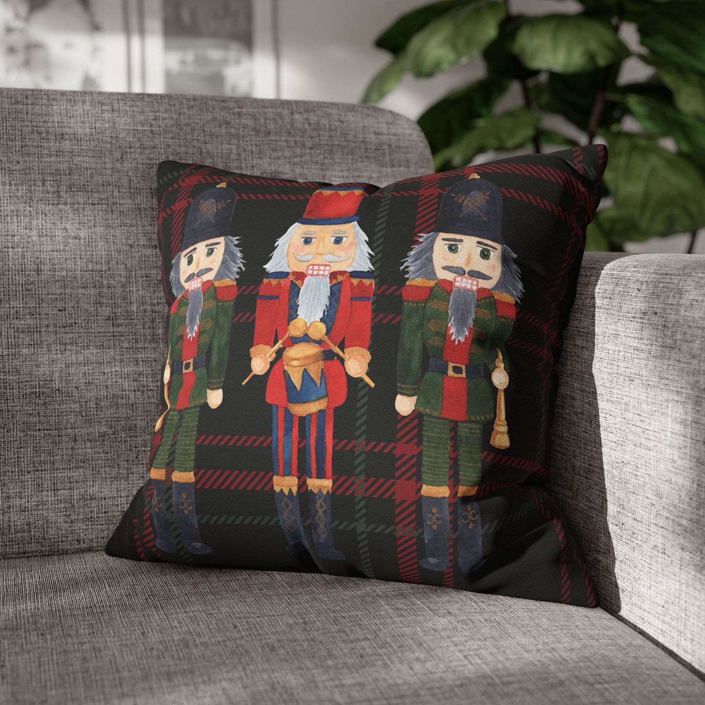 Festive Nutcrackers on Christmas Plaid Square Pillow Case