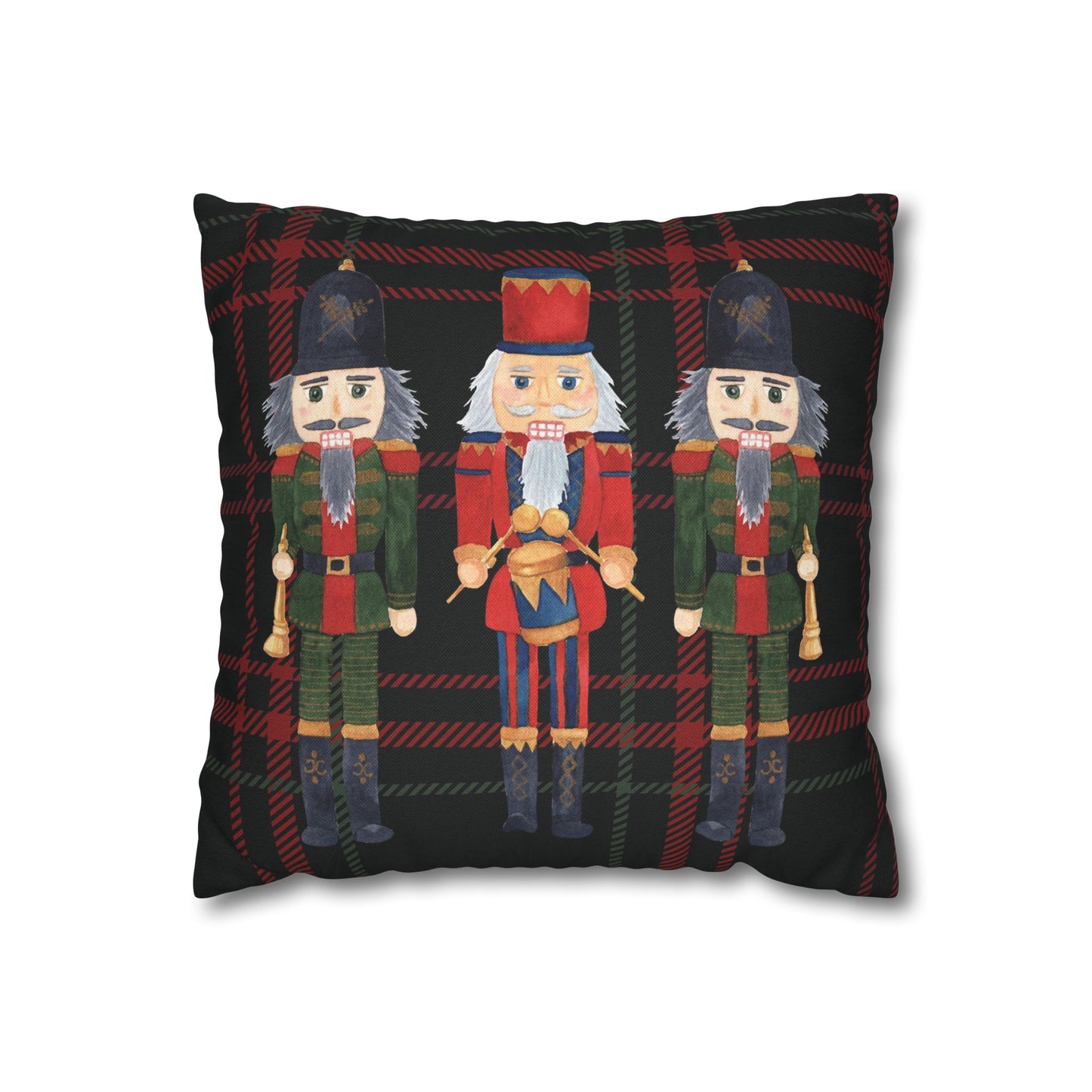 Festive Nutcrackers on Christmas Plaid Square Pillow Case