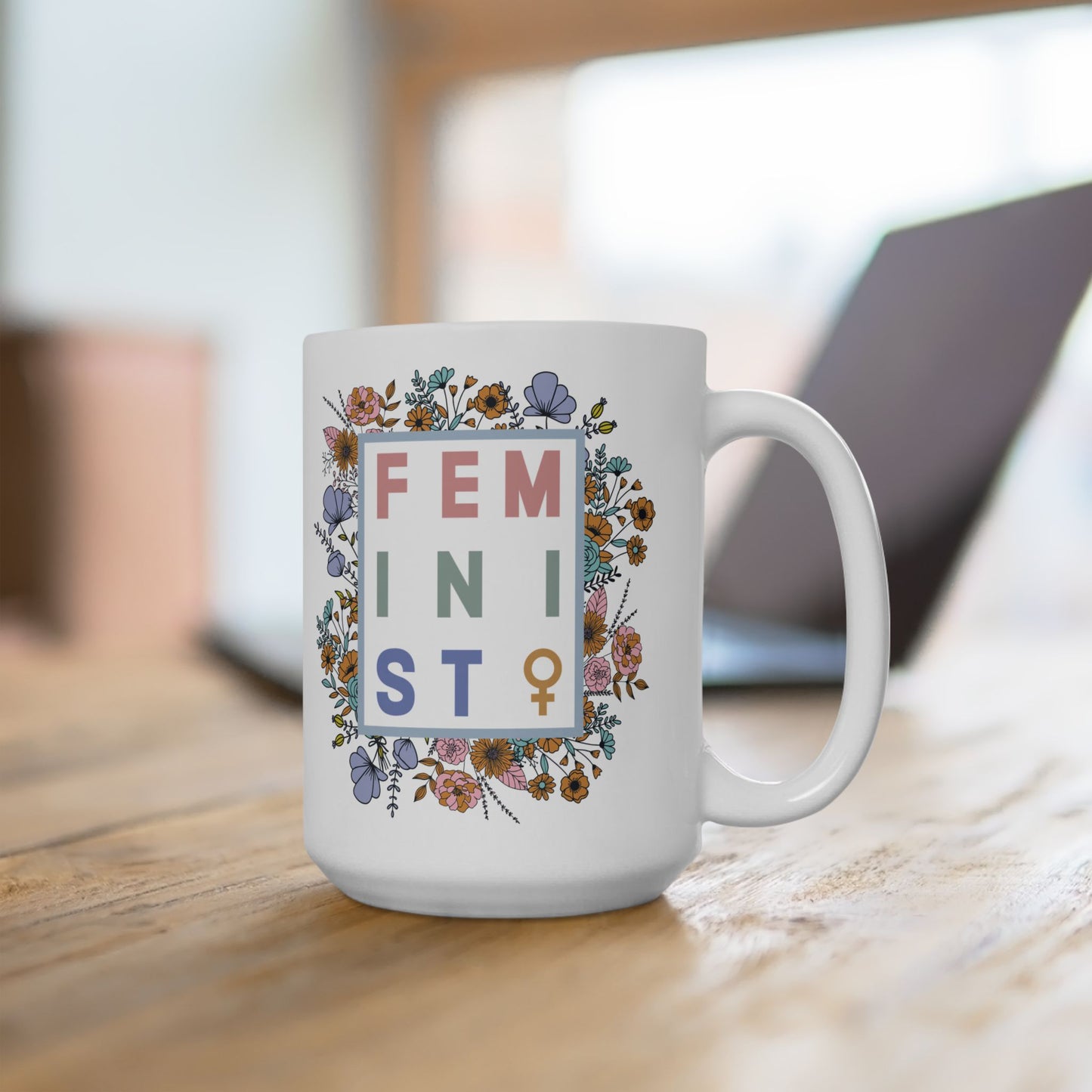 White Ceramic Mug - Floral Feminist, 11oz or 15oz