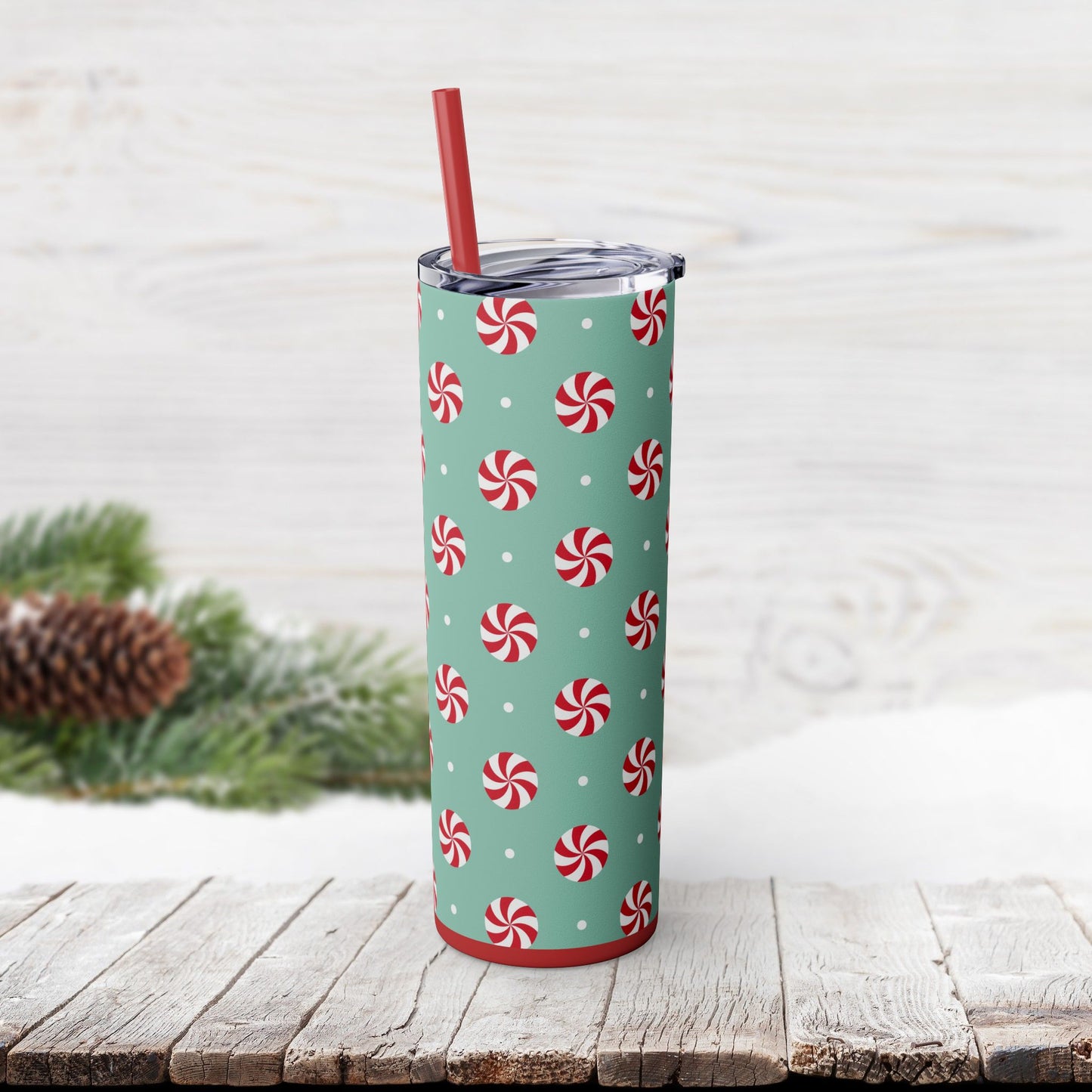 Skinny Tumbler with Straw, 20oz - Peppermint Swirl Candies