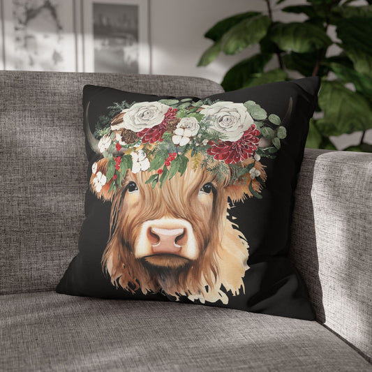 Highland Cow Christmas Floral Square Pillow Case