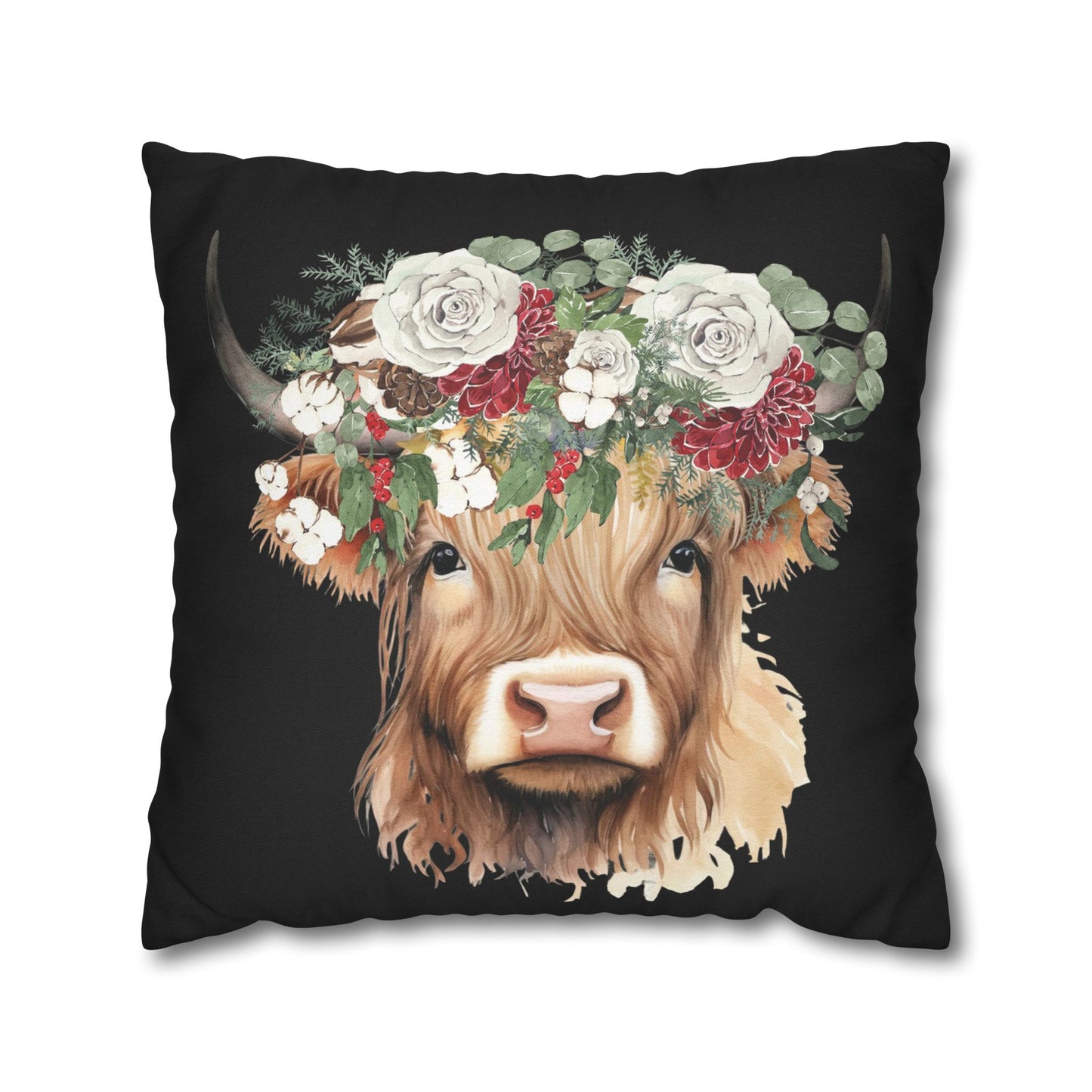 Highland Cow Christmas Floral Square Pillow Case