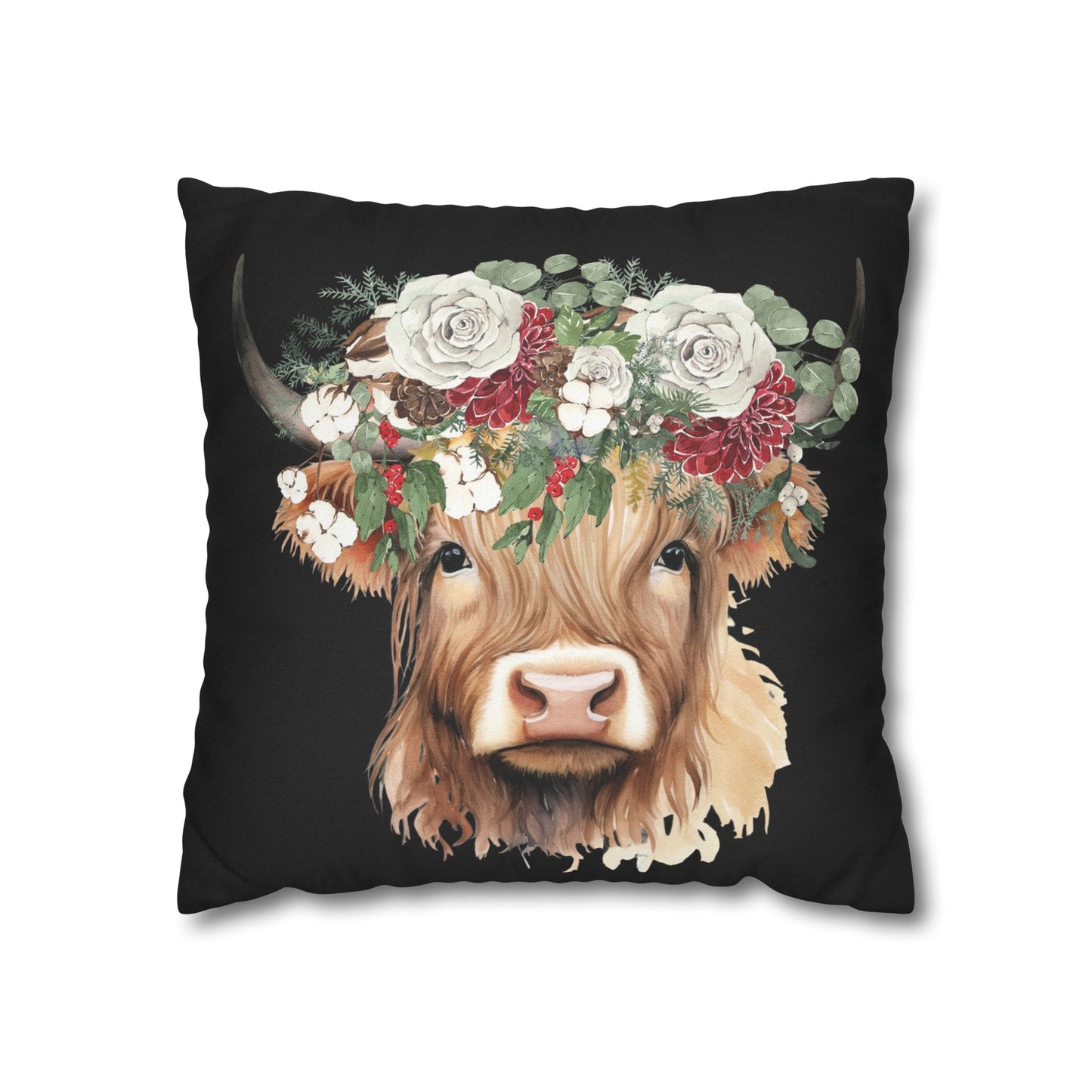 Highland Cow Christmas Floral Square Pillow Case