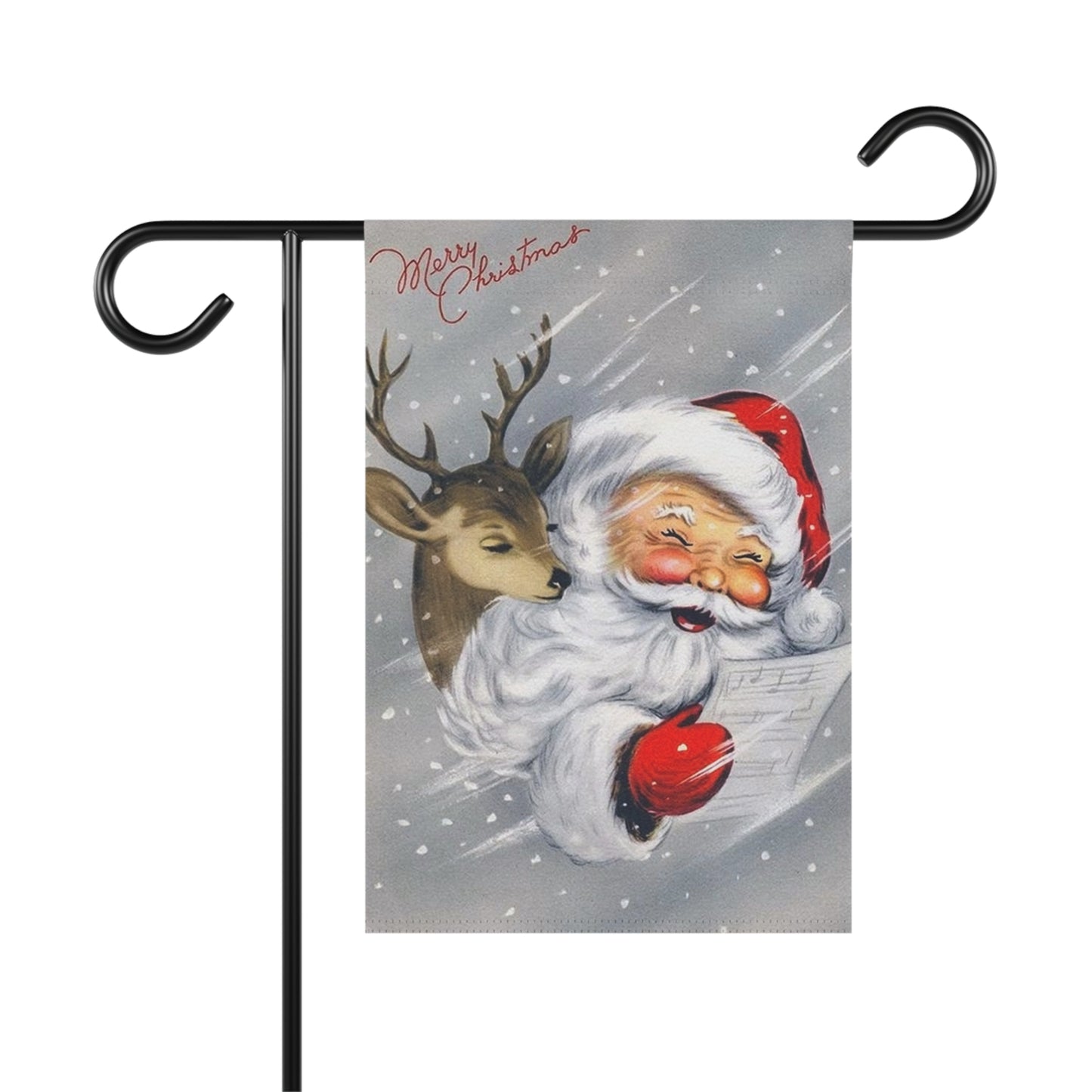 Snowy Retro Santa with Reindeer Christmas Garden Flag or House Banner