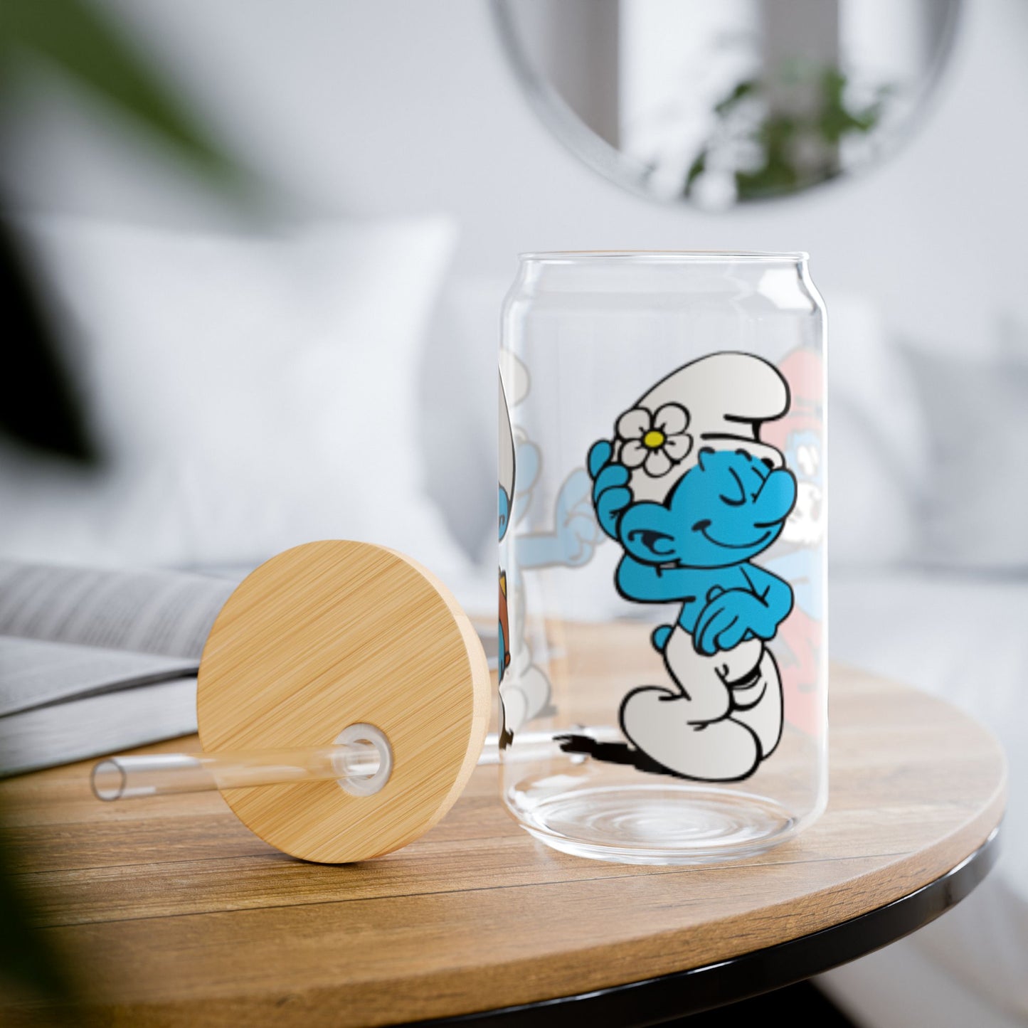 Smurfs Themed Sipper Glass, 16oz | Papa Smurf, Brainy Smurf, Vanity Smurf