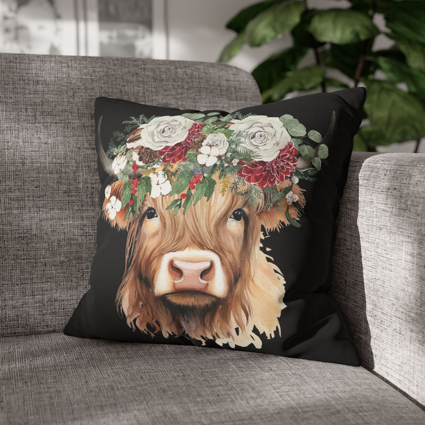 Highland Cow Christmas Floral Square Pillow Case