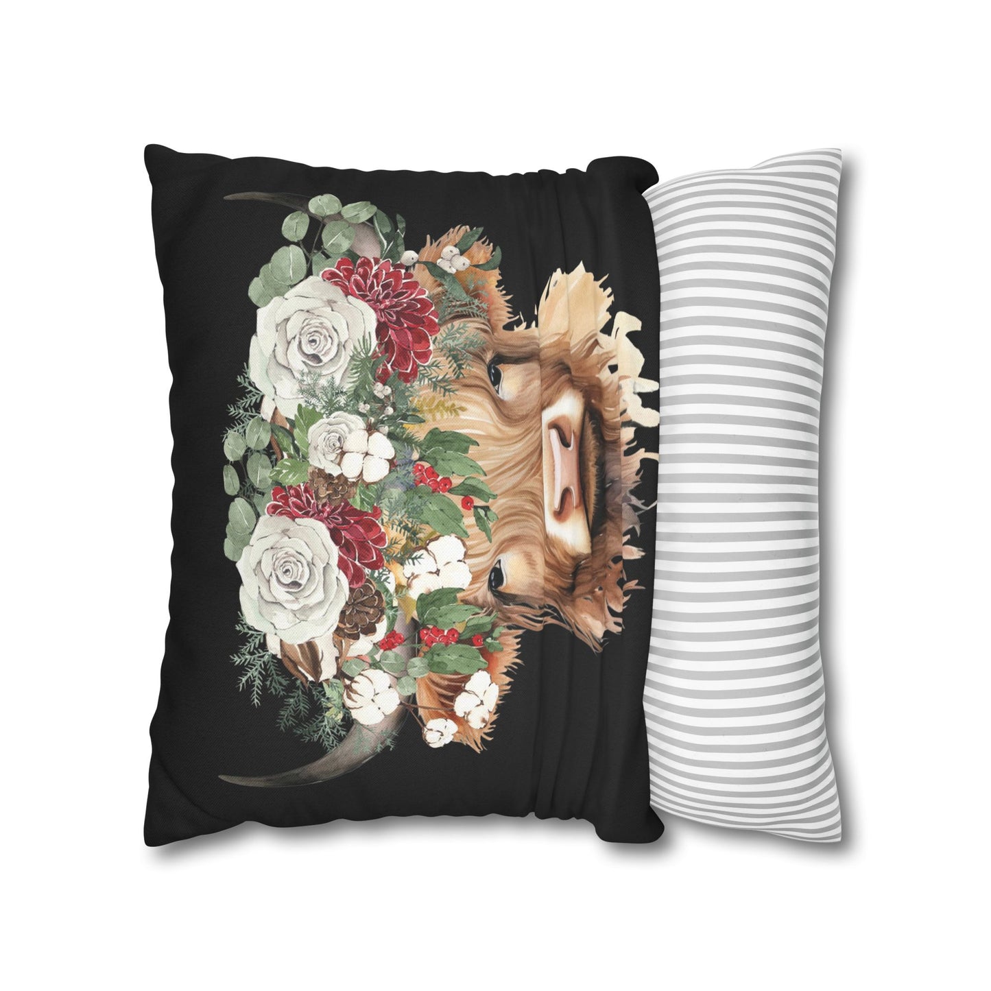 Highland Cow Christmas Floral Square Pillow Case