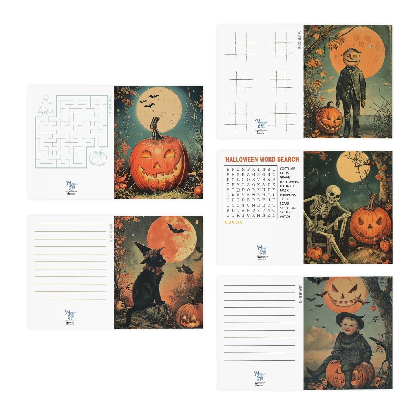 Vintage-style Halloween Greeting Cards (5-Pk) | Inside Message, Re-Usable Back