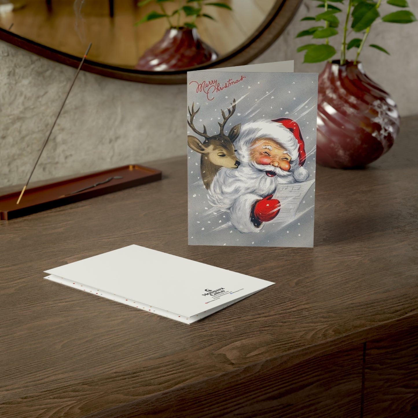 Retro Santa with Reindeer Christmas Greeting Card