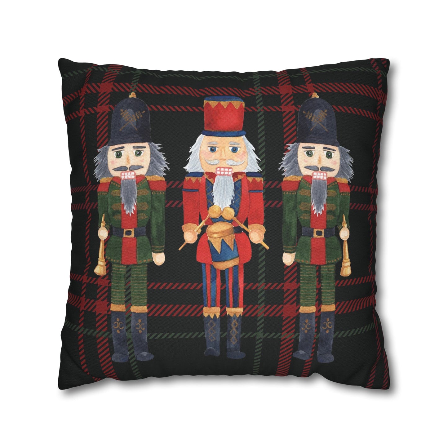 Festive Nutcrackers on Christmas Plaid Square Pillow Case