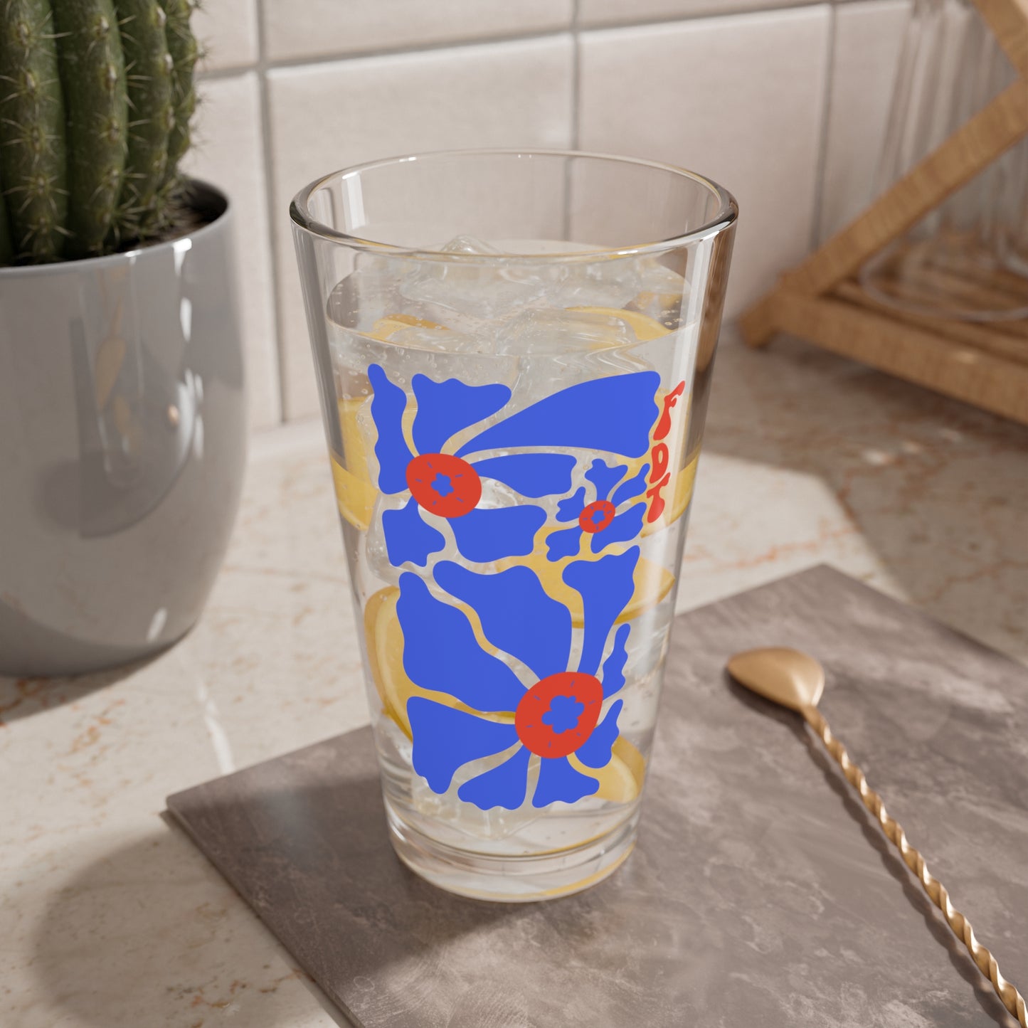 ‘FDT’ Red & Blue Floral Pint Glass