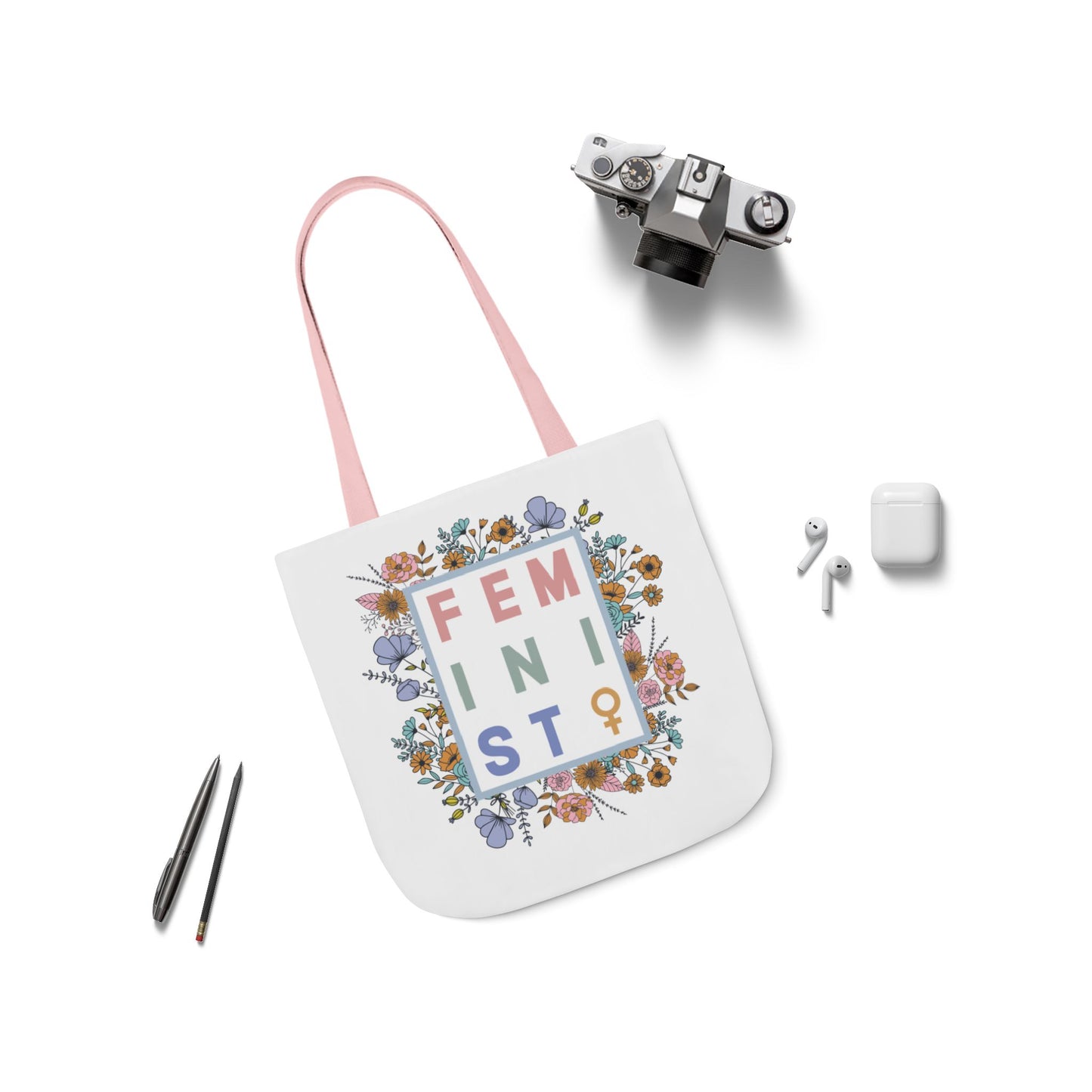 Canvas Tote, Colored Handles - Feminist Floral