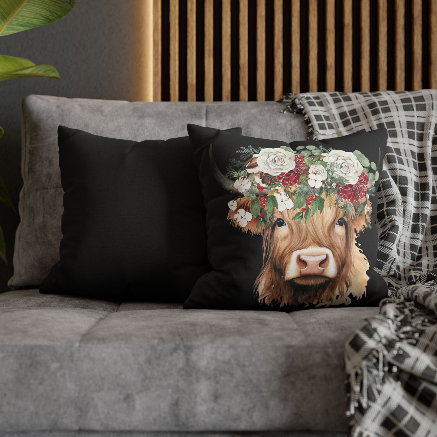 Highland Cow Christmas Floral Square Pillow Case