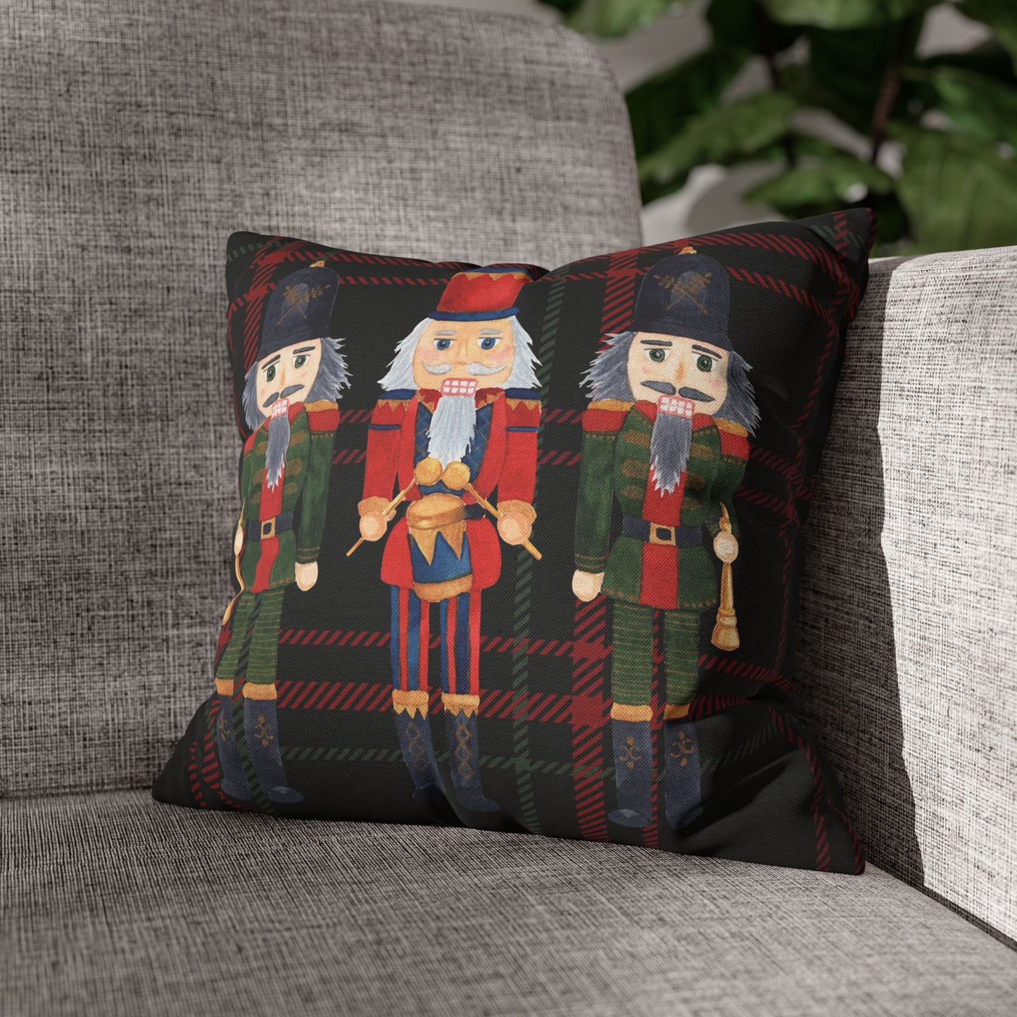 Festive Nutcrackers on Christmas Plaid Square Pillow Case