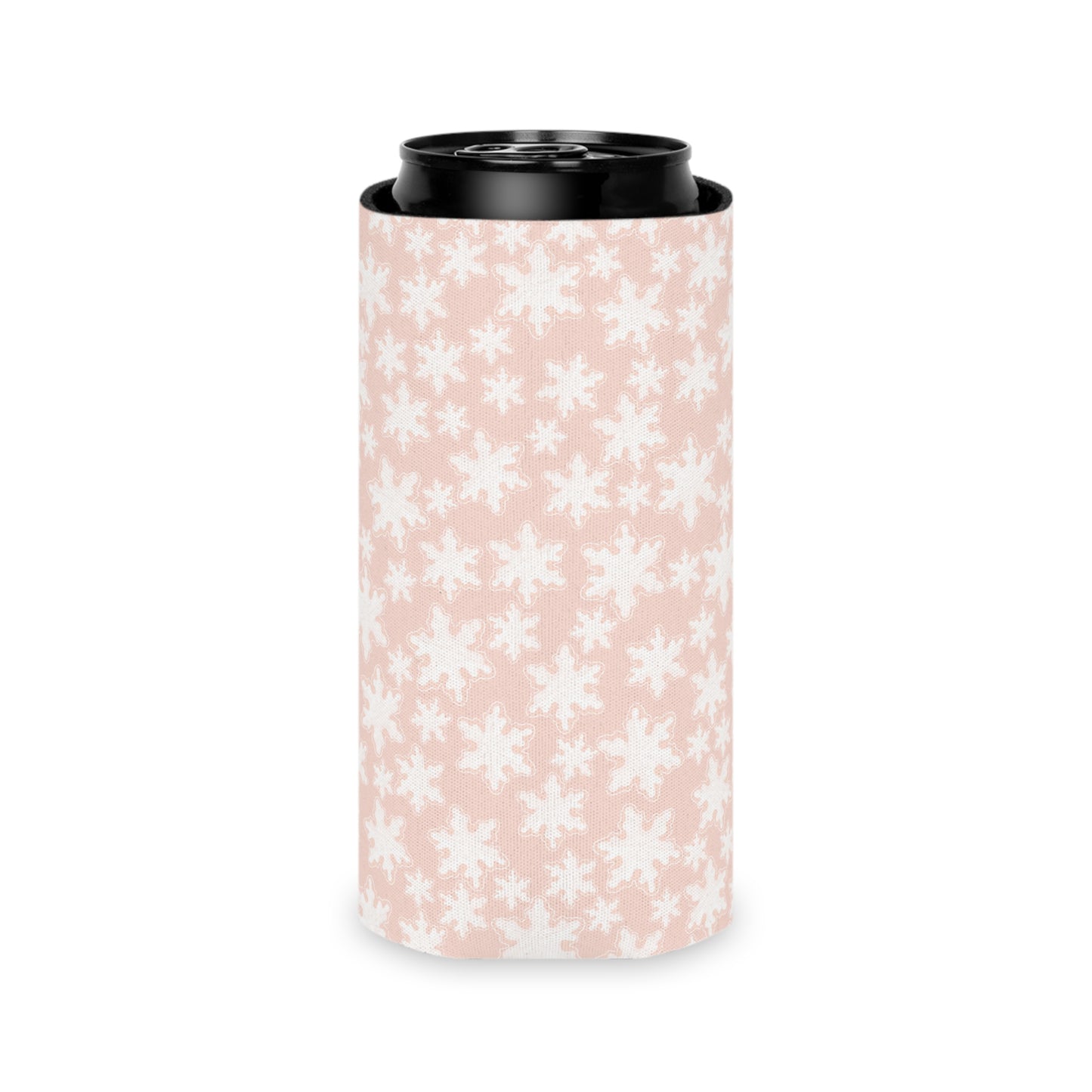 Can Cooler, Standard or Slim Size - Pastel Pink Snowflakes