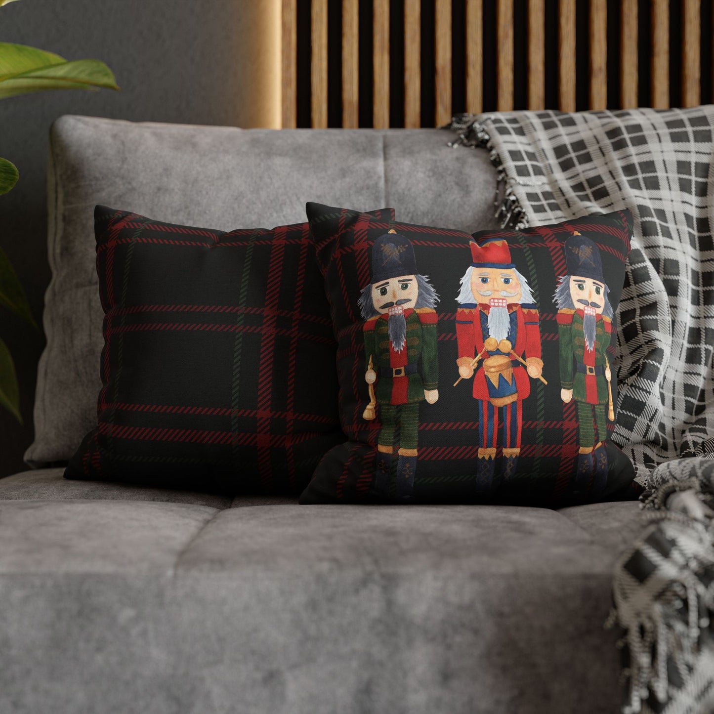 Festive Nutcrackers on Christmas Plaid Square Pillow Case