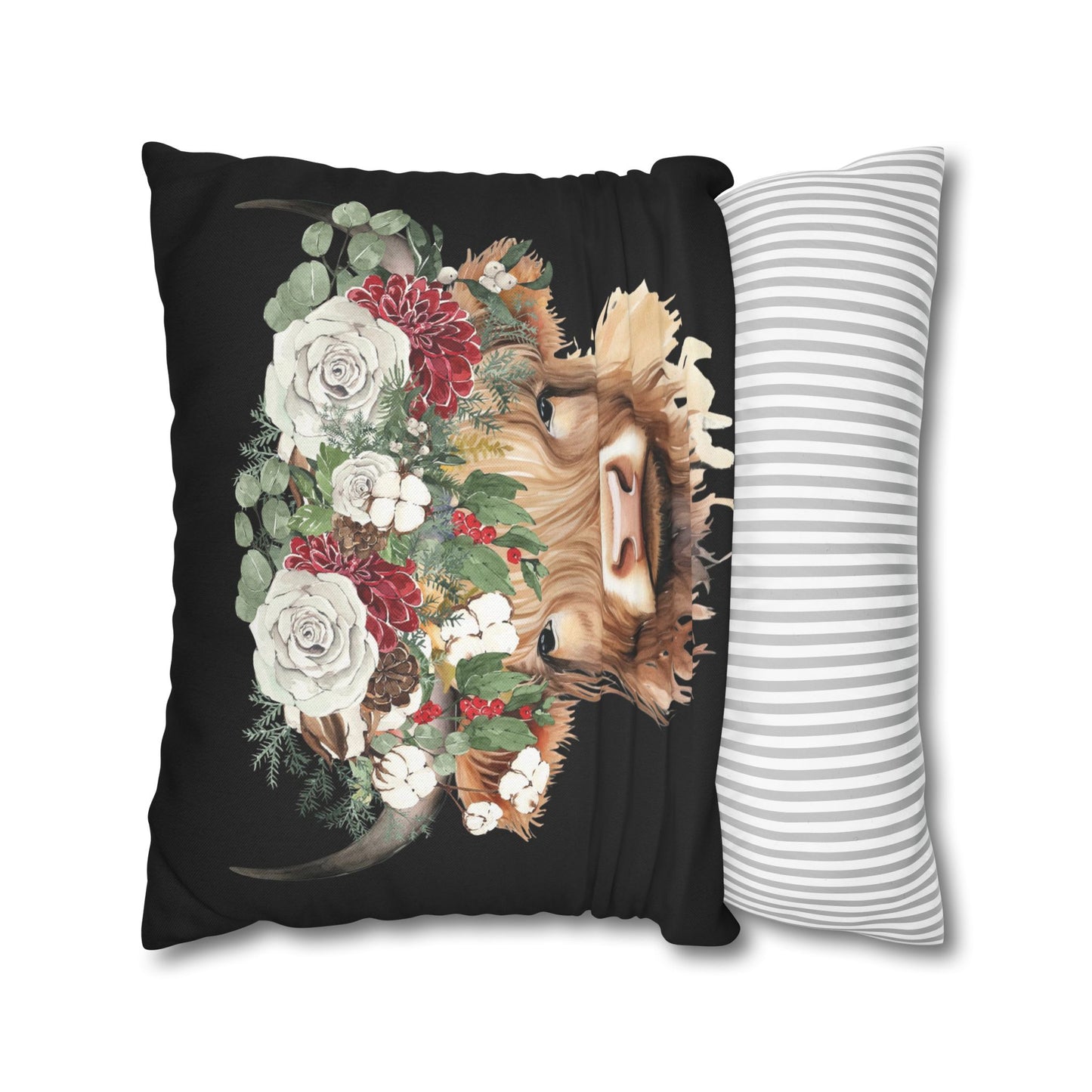 Highland Cow Christmas Floral Square Pillow Case