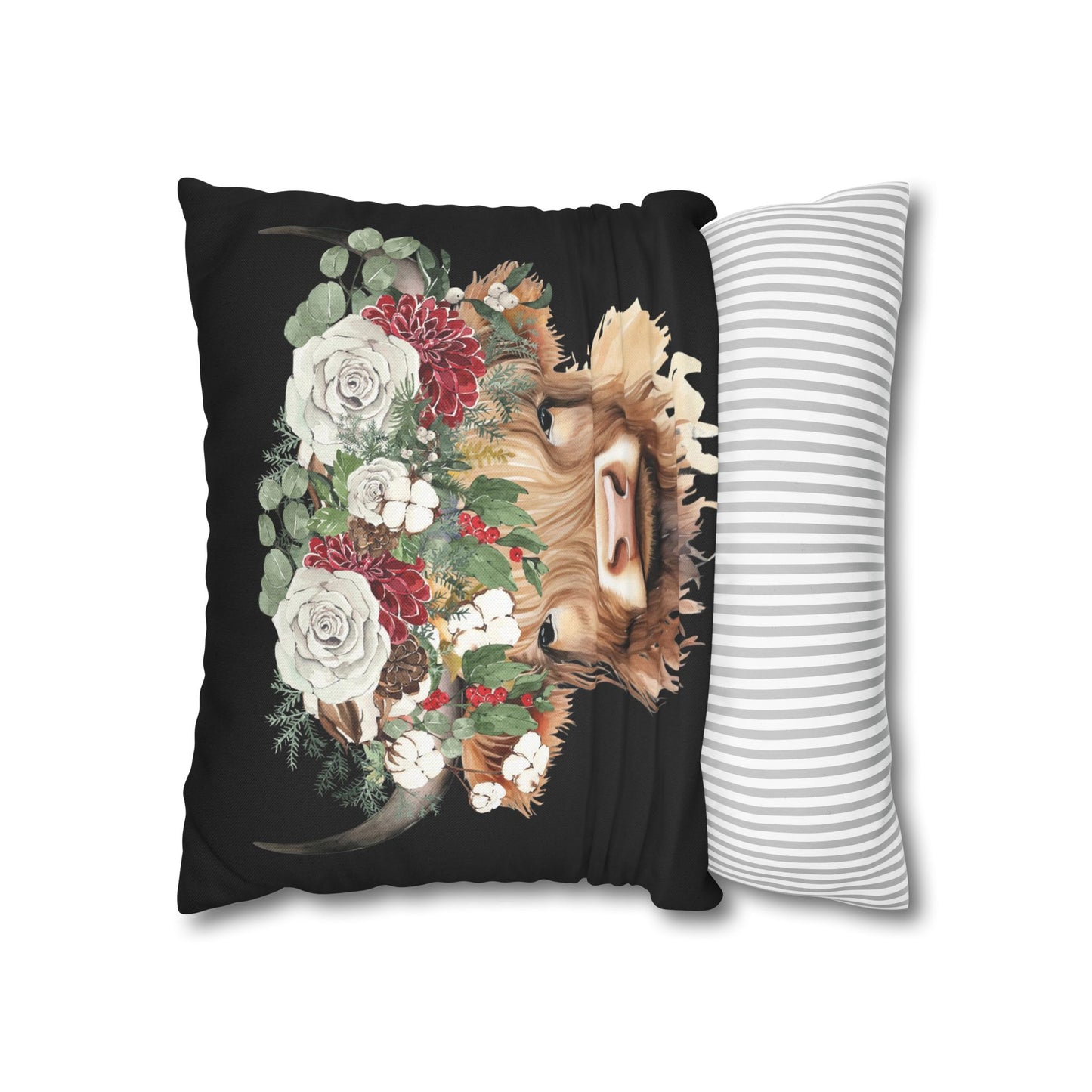 Highland Cow Christmas Floral Square Pillow Case