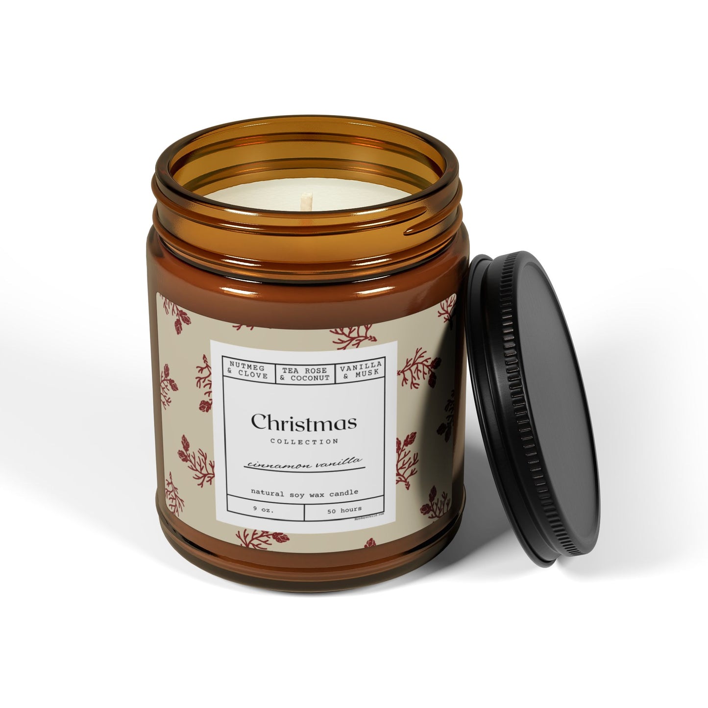 Cinnamon Vanilla Scented Soy Candle in Festive Amber Jar