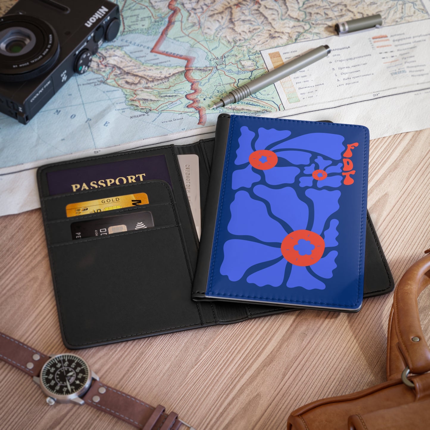 ‘FDT’ Red & Blue Floral Passport Cover