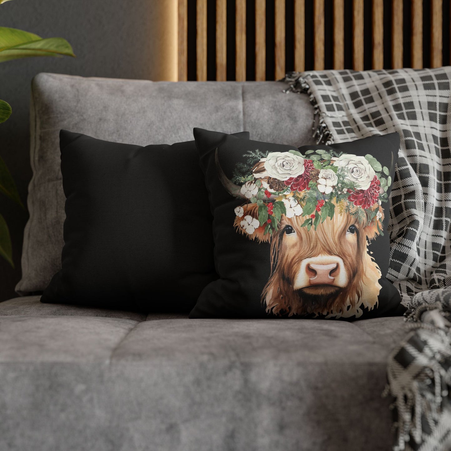 Highland Cow Christmas Floral Square Pillow Case