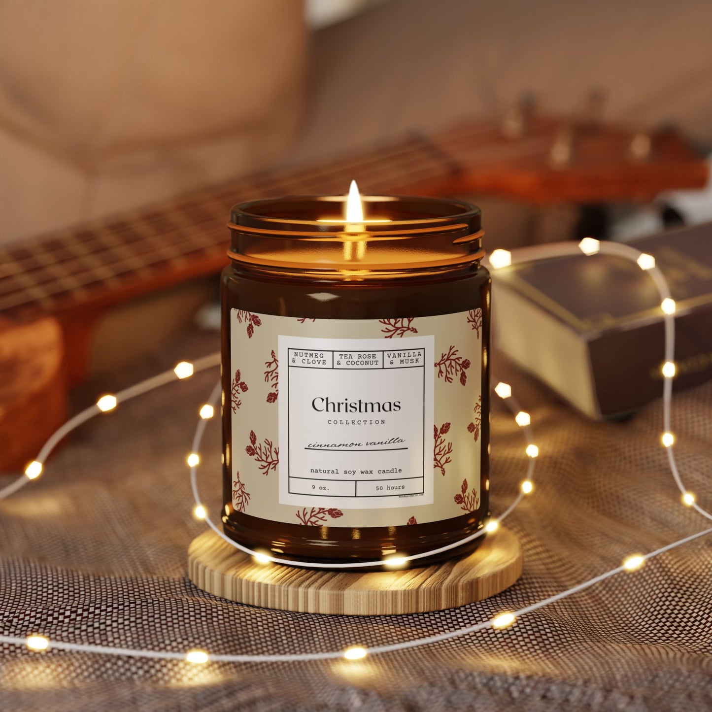 Cinnamon Vanilla Scented Soy Candle in Festive Amber Jar