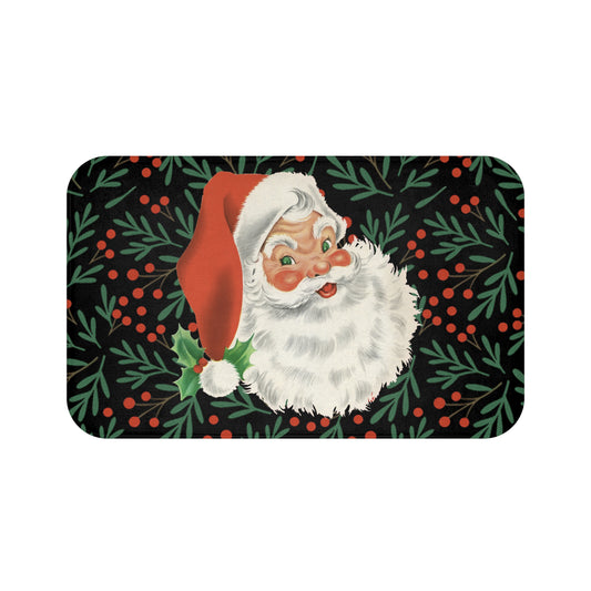 Vintage Santa Bath Mat on Holly & Berry Background