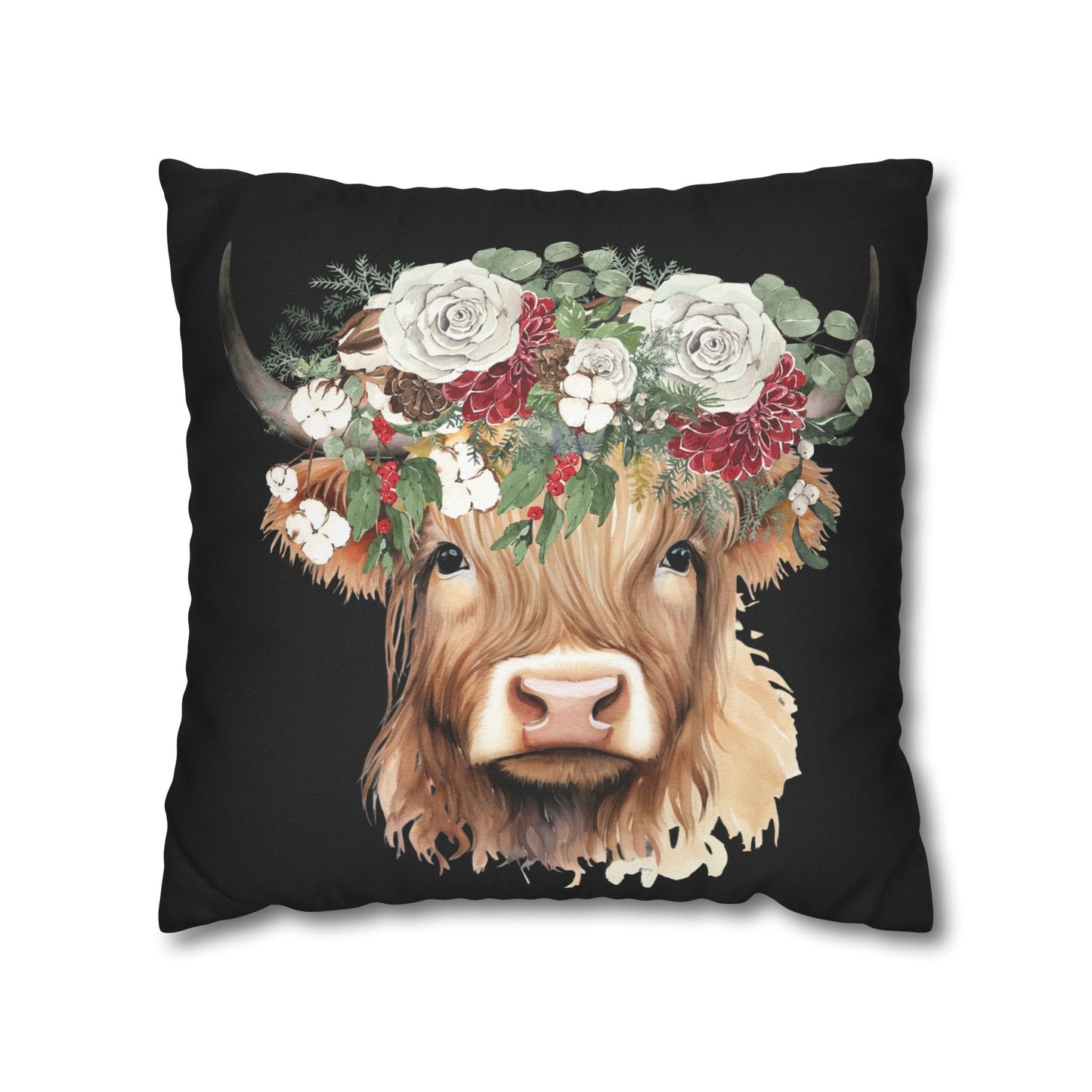 Highland Cow Christmas Floral Square Pillow Case