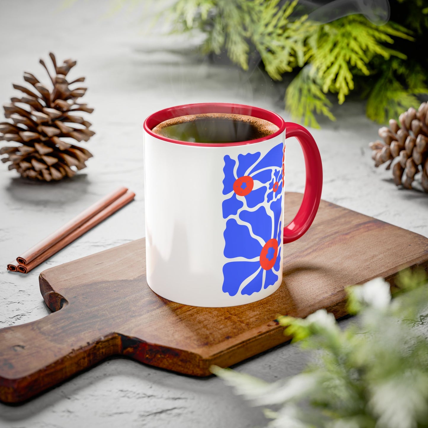 'FDT' Red & Blue Floral Ceramic Mug
