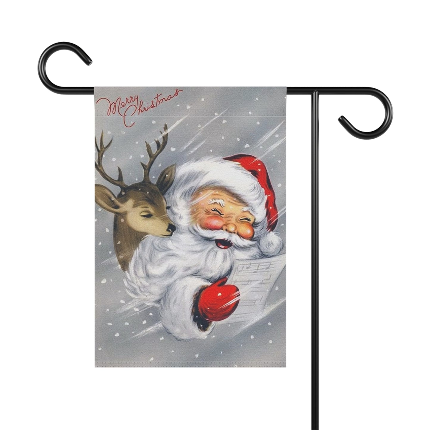 Snowy Retro Santa with Reindeer Christmas Garden Flag or House Banner