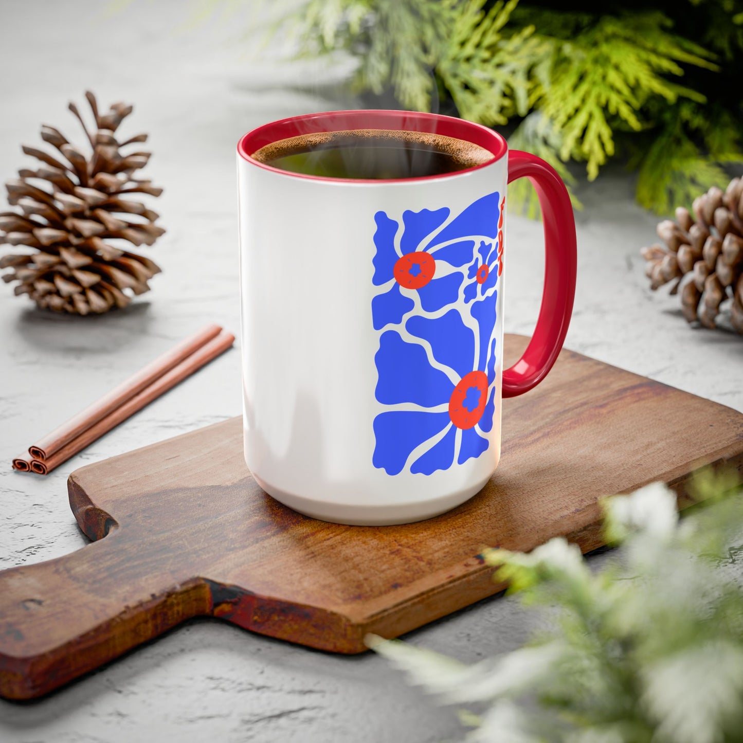 'FDT' Red & Blue Floral Ceramic Mug