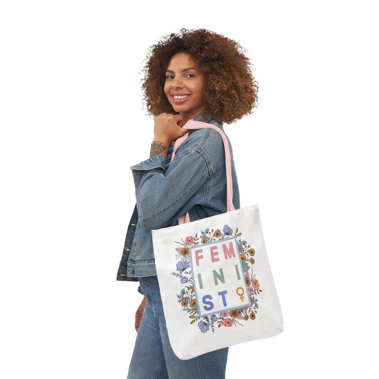 Canvas Tote, Colored Handles - Feminist Floral