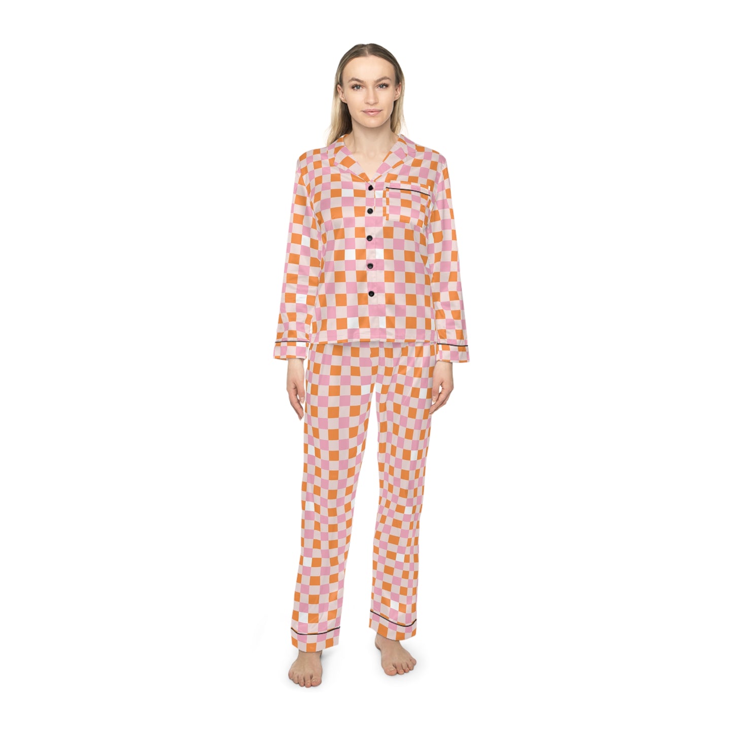 Luxury Satin Checkerboard Pajamas - Fruit Sherbert | Black Trim, up to 3X