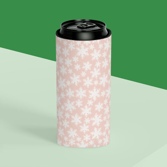 Can Cooler, Standard or Slim Size - Pastel Pink Snowflakes