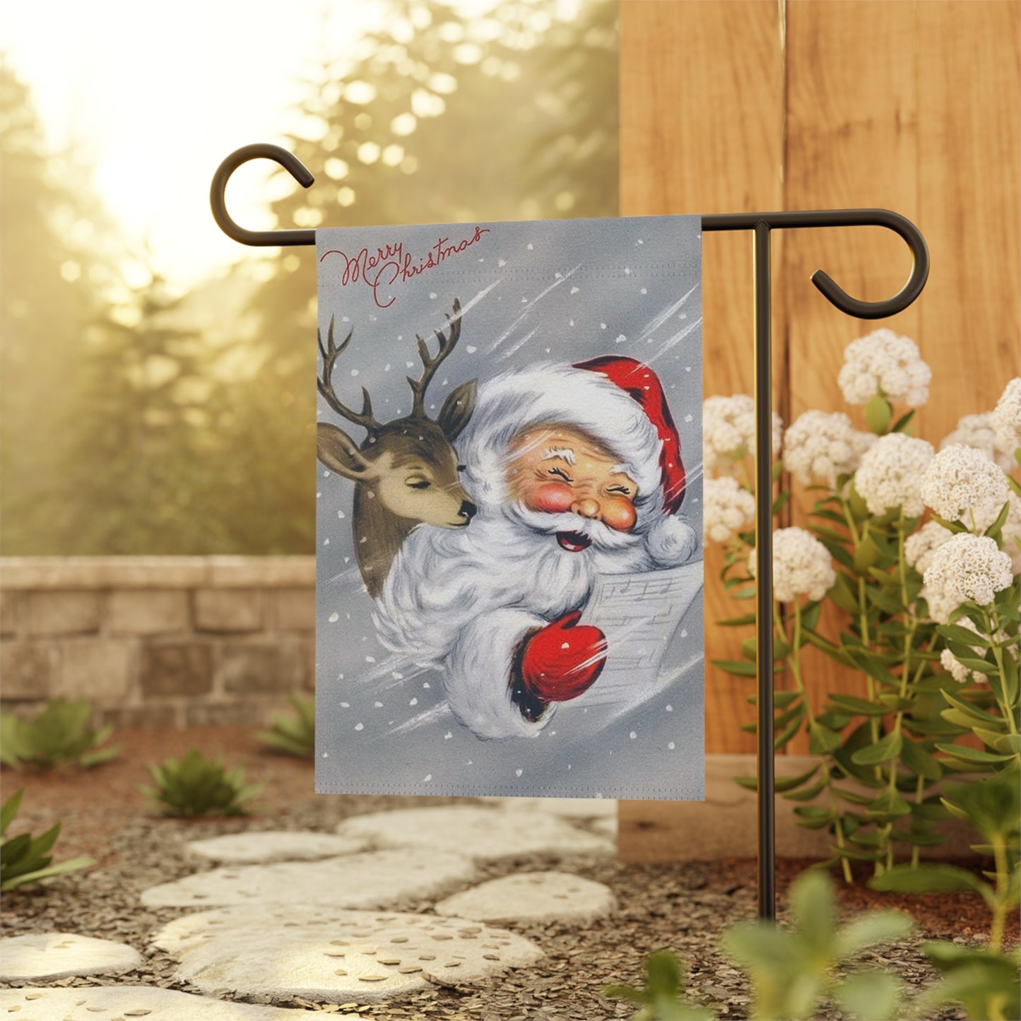 Snowy Retro Santa with Reindeer Christmas Garden Flag or House Banner