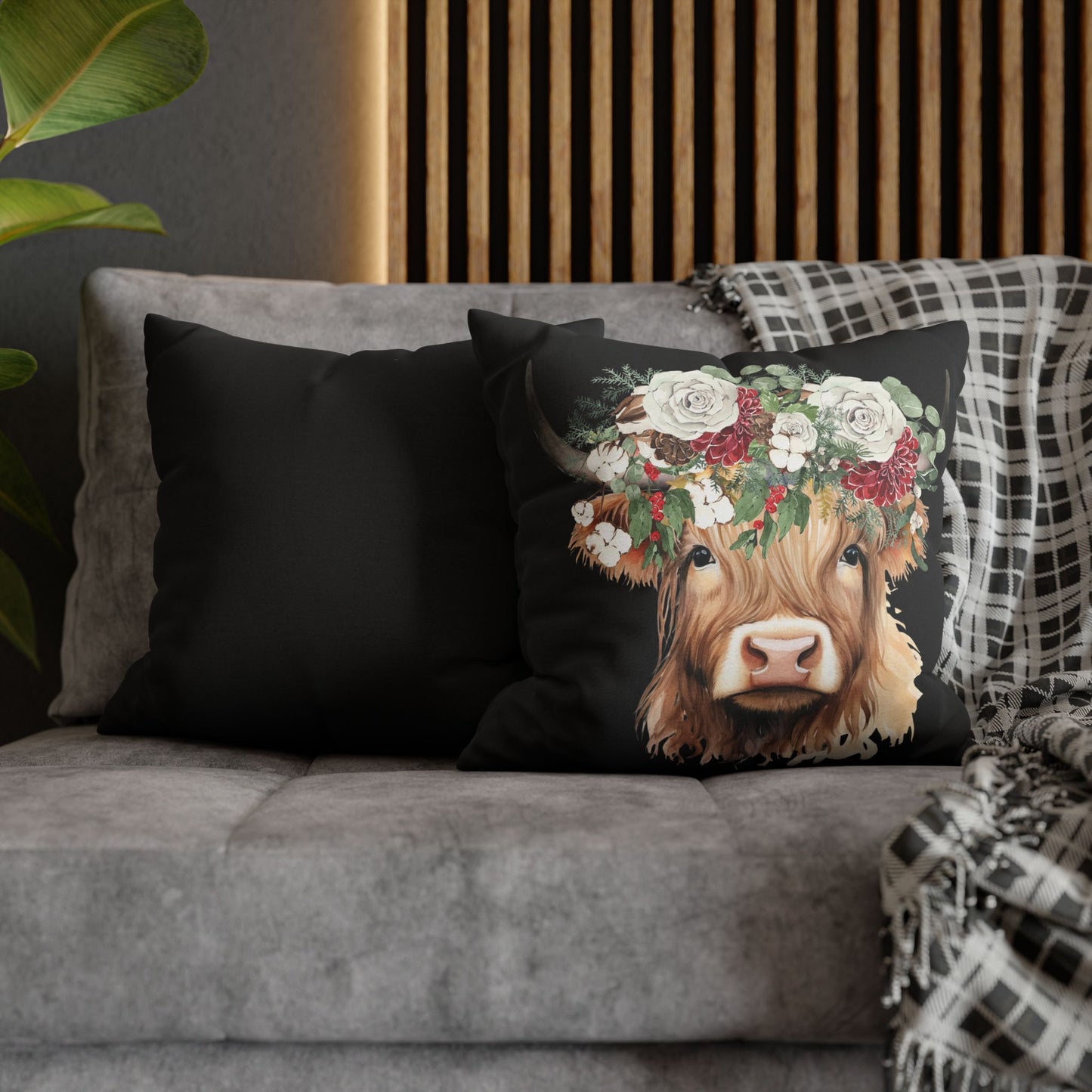 Highland Cow Christmas Floral Square Pillow Case