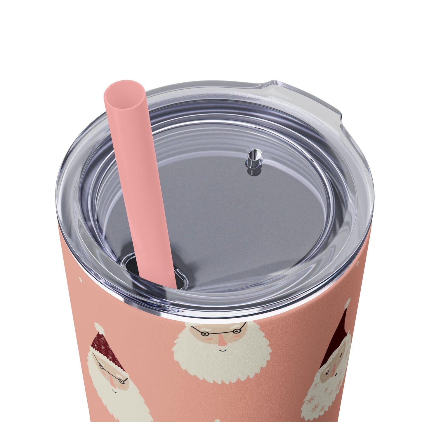 Skinny Tumbler with Straw, 20oz - Pink Santas