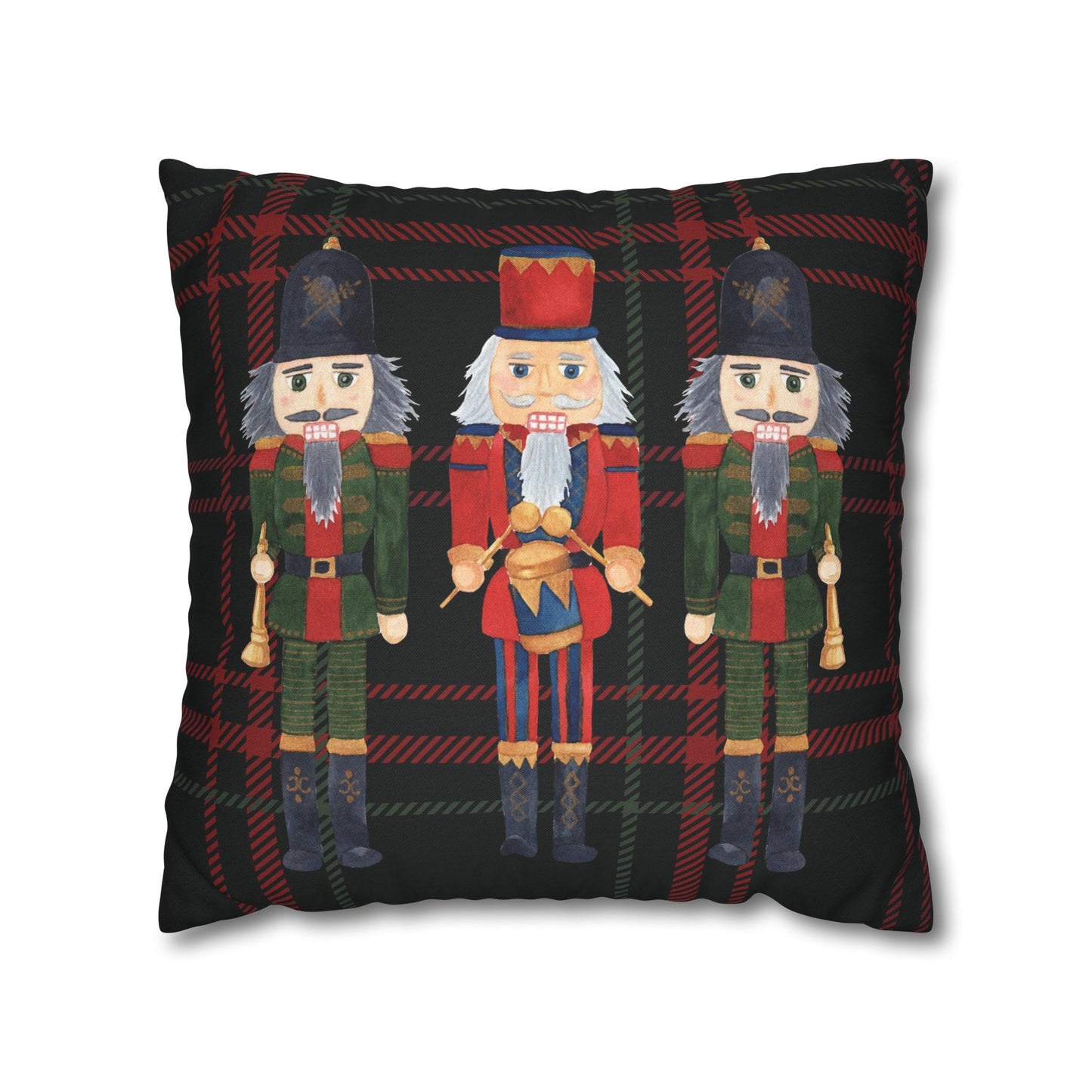 Festive Nutcrackers on Christmas Plaid Square Pillow Case