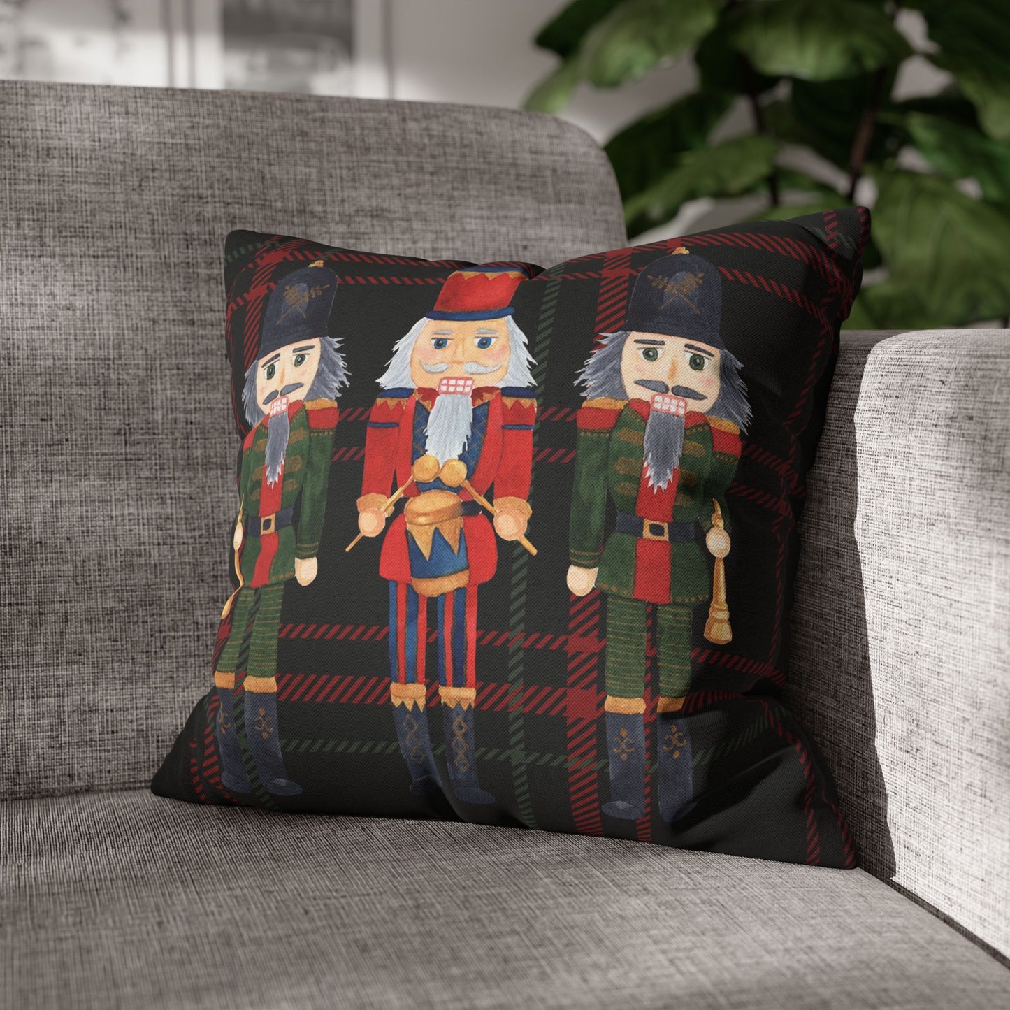 Festive Nutcrackers on Christmas Plaid Square Pillow Case