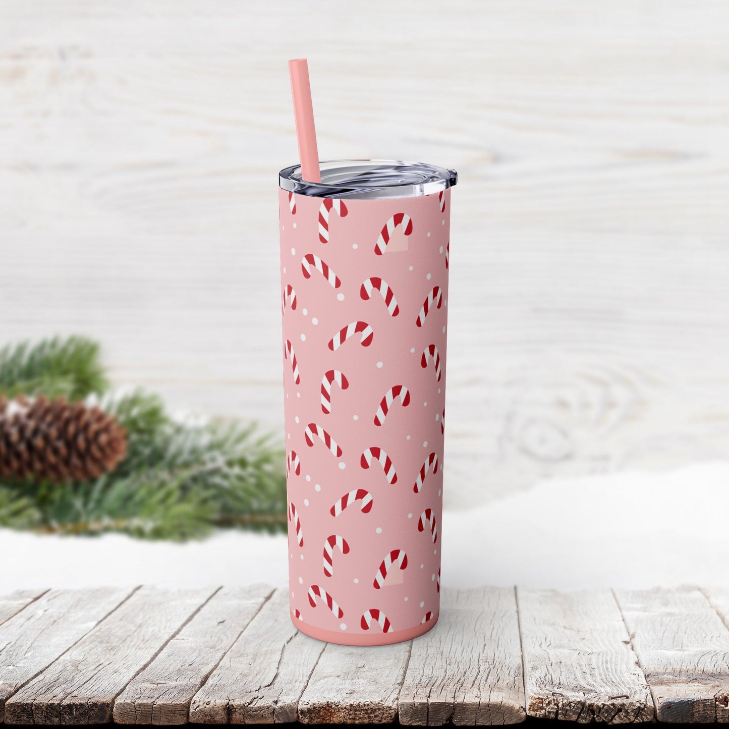 Skinny Tumbler with Straw, 20oz - Peppermint Pink Candy Canes