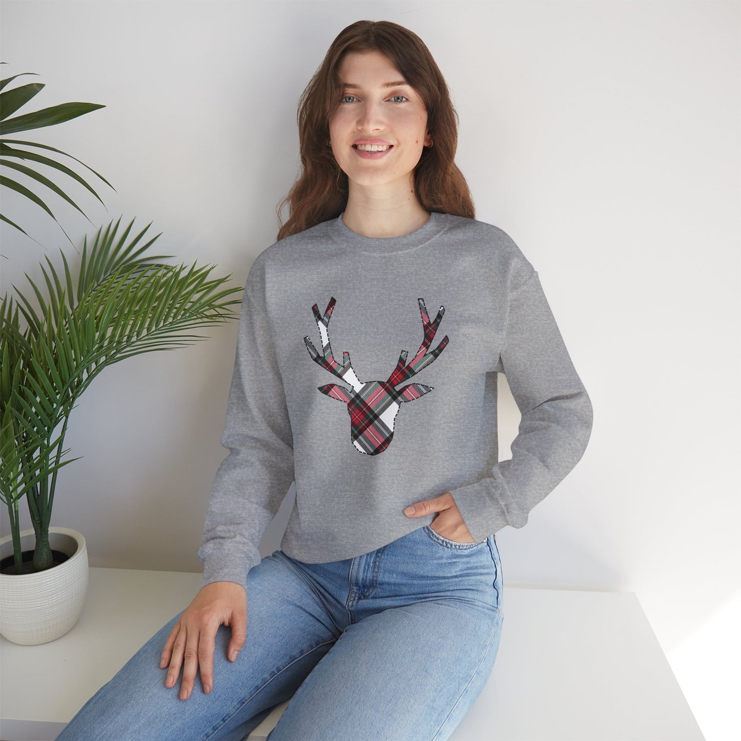 White Tartan Reindeer Holiday Sweatshirt | up to Plus Size 5X