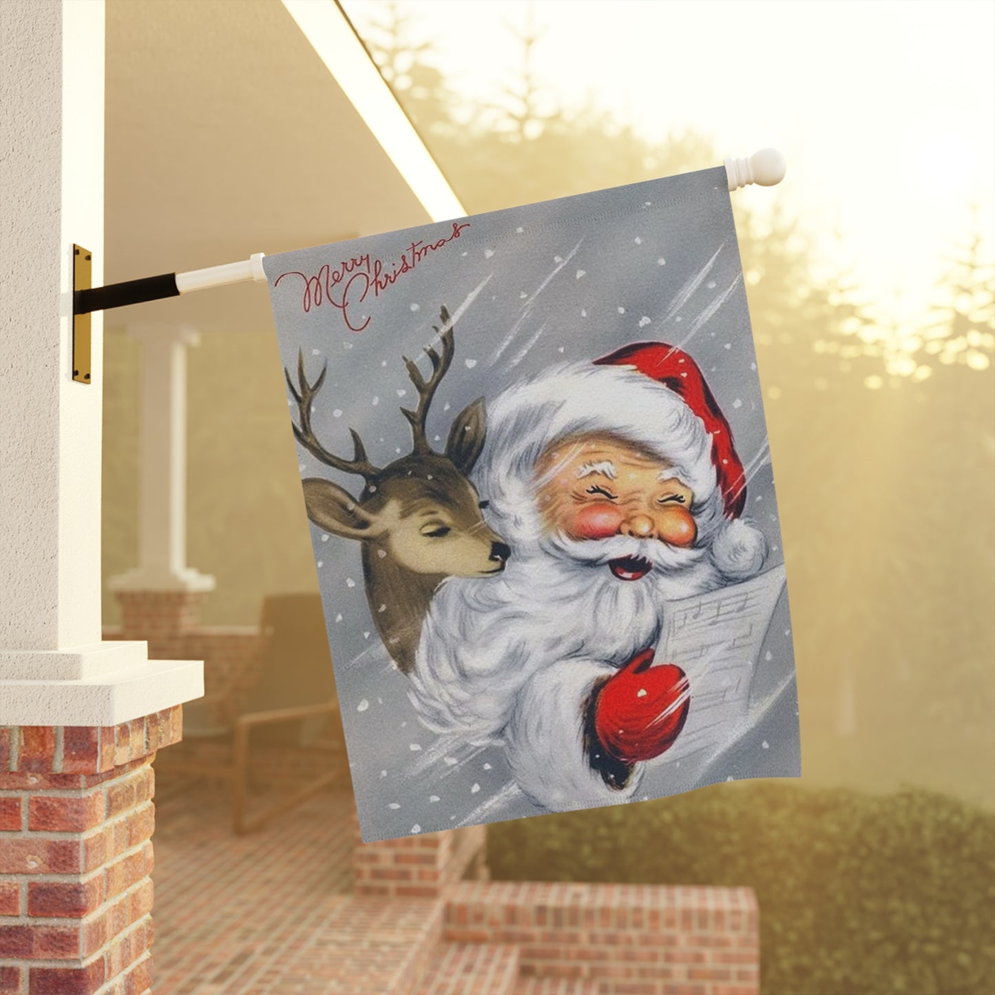 Snowy Retro Santa with Reindeer Christmas Garden Flag or House Banner