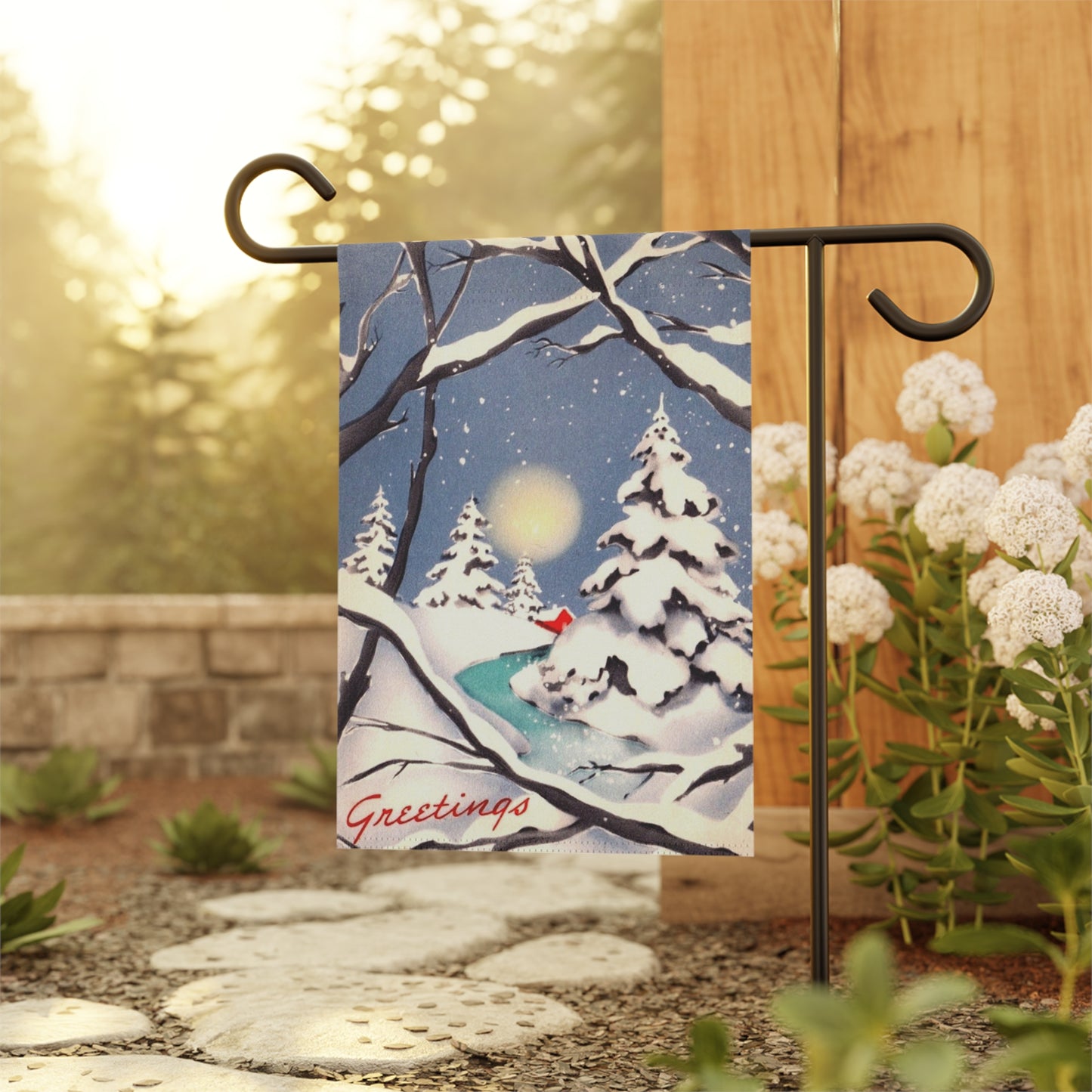 Vintage Winter “Greetings!” Christmas Garden Flag or House Banner