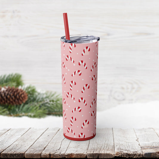 Skinny Tumbler with Straw, 20oz - Peppermint Pink Candy Canes