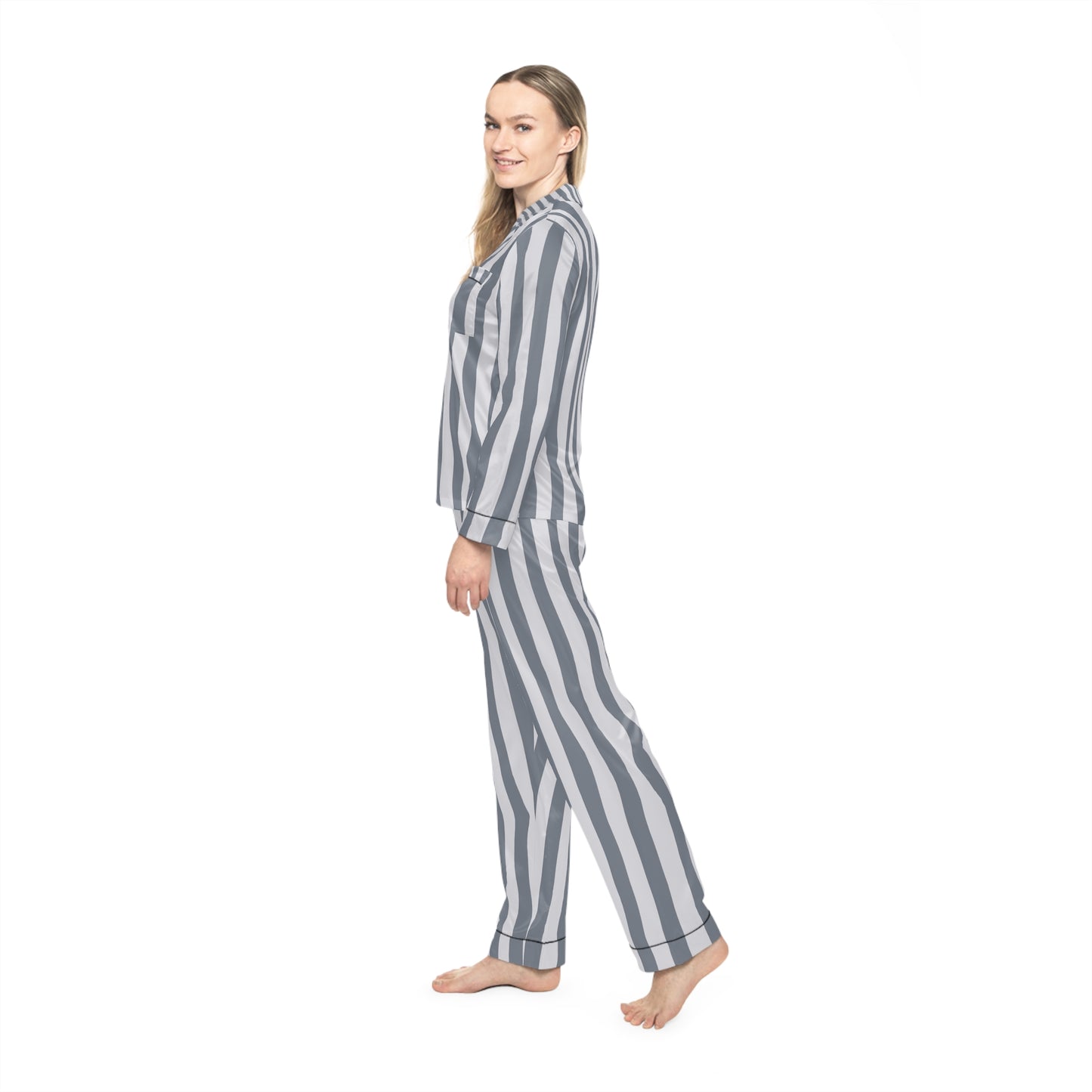 Luxury Satin Striped Pajamas - Platinum Stripe | Black Trim, up to 3X