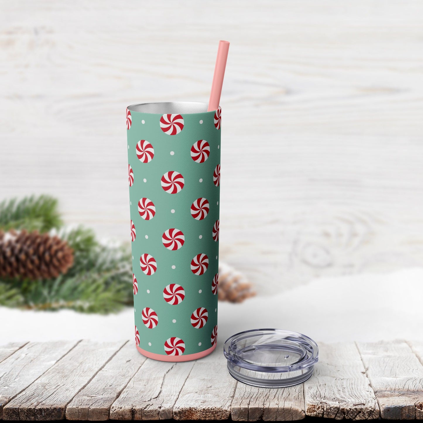 Skinny Tumbler with Straw, 20oz - Peppermint Swirl Candies