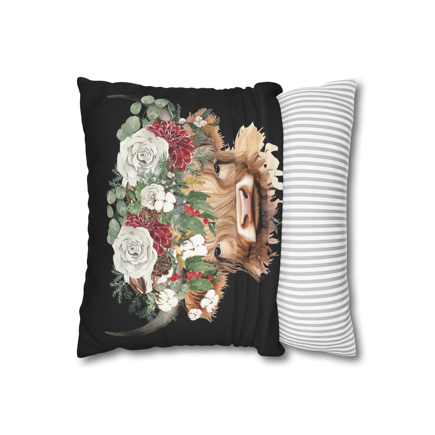 Highland Cow Christmas Floral Square Pillow Case