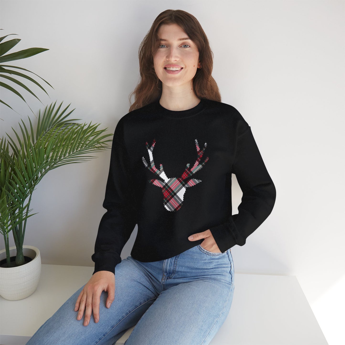 White Tartan Reindeer Holiday Sweatshirt | up to Plus Size 5X